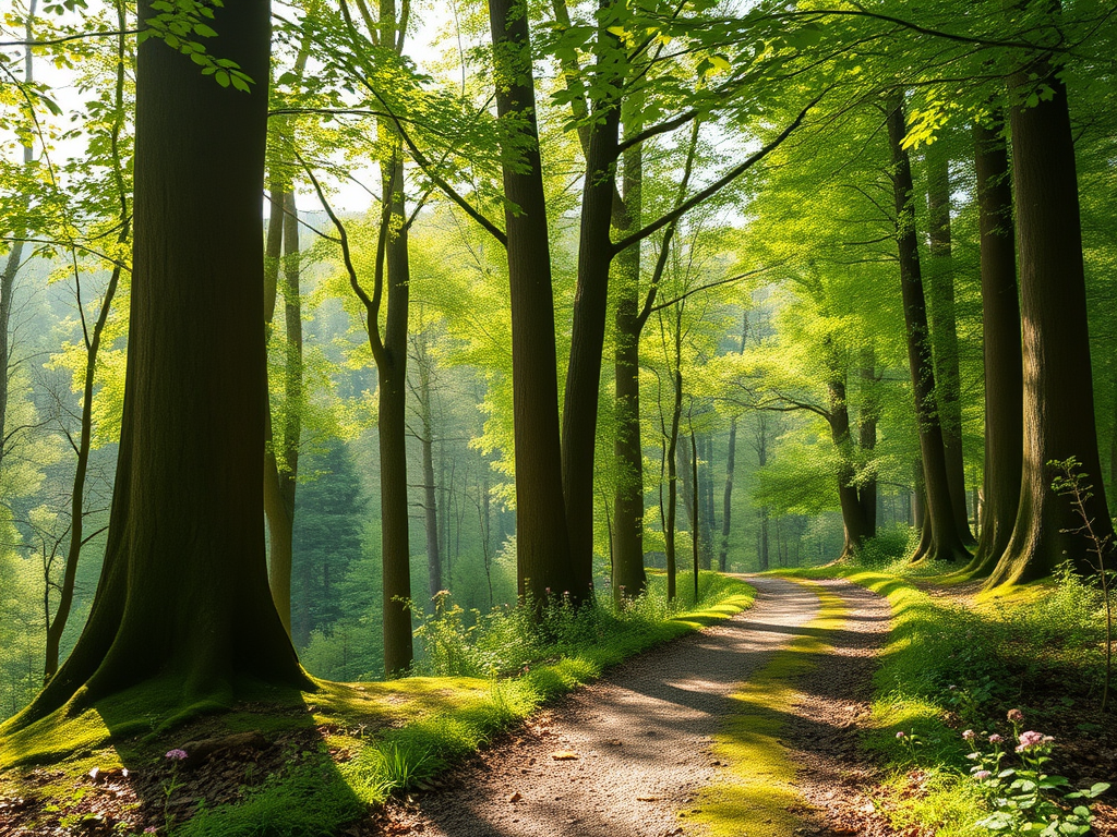 A peaceful nature walk depicting a lush forest pathway, surrounded by vibrant greenery and dappled sunlight, representing the transformative power of nature walks for mental and physical well-being.