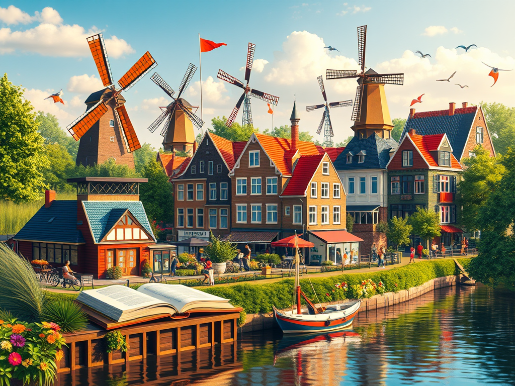 Illustration of the Civic Integration process in the Netherlands with emphasis on the Dutch language requirements, featuring students engaged in learning environments, textbooks, and the Staatsexamen Nt2 diploma representing language proficiency necessary for Dutch citizenship and employment.