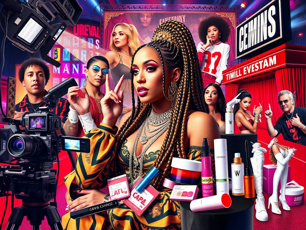 A collage showcasing Cardi B's journey from music to film and television, including scenes from her roles in 'Hustlers' and 'F9', her judging on 'Rhythm + Flow', along with visuals of her brand collaborations with M.A.C Cosmetics, Reebok, Pepsi, and McDonald's. This image highlights her versatility as an entertainer and savvy businesswoman in contemporary culture.