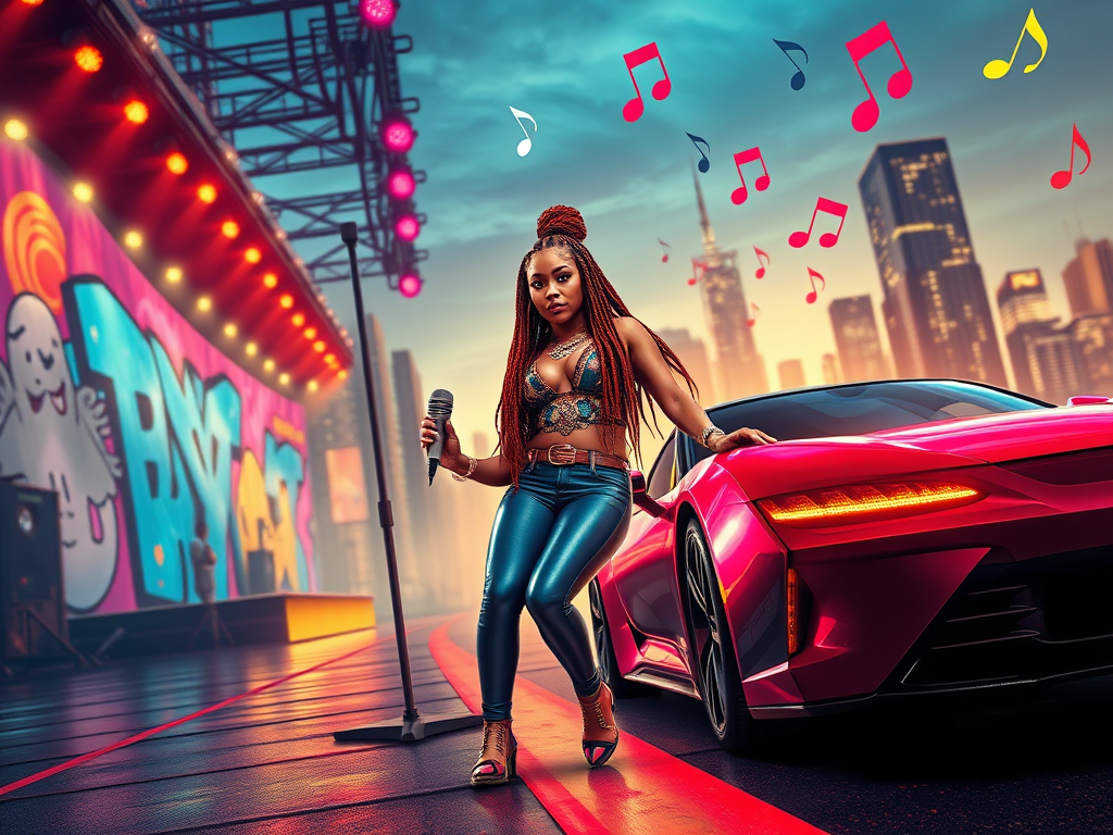 A vibrant and dynamic image depicting Cardi B during her time on VH1's Love & Hip Hop: New York, showcasing her standout personality with lively expressions. Elements like the show's logo, a microphone symbolizing her transition to music, and a backdrop representing her initial mixtape, Gangsta Bitch Music, Vol. 1, highlight her journey from reality TV sensation to a recognized figure in the music industry.