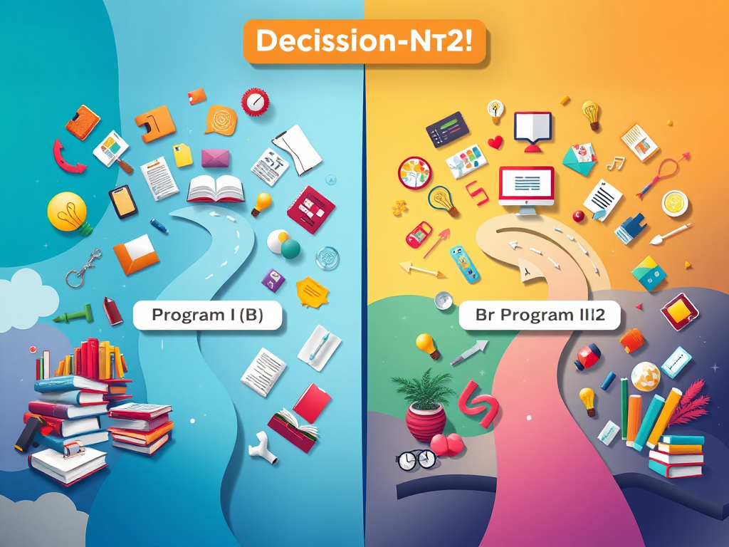 A visual comparison of Program I (B1) and Program II (B2) for Staatsexamen NT2, highlighting their respective target goals for vocational training and university study. The image includes icons representing vocational work, academic studies, and language proficiency to illustrate the decision-making process for students selecting the appropriate program to align with their career aspirations.