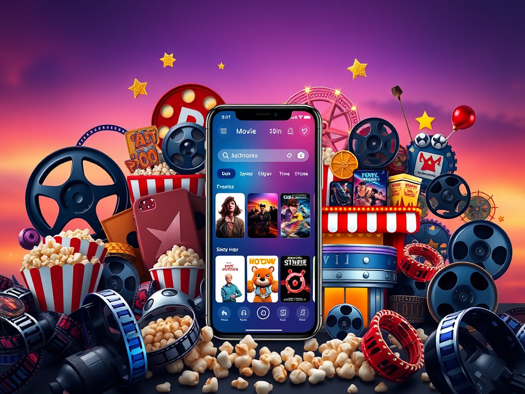 A collage of movie-related elements illustrating FAQs about local movie times, featuring movie theater screens with showtimes, popular apps like Fandango and Flixster on mobile devices, and visuals depicting online ticket reservations and sold-out notices.