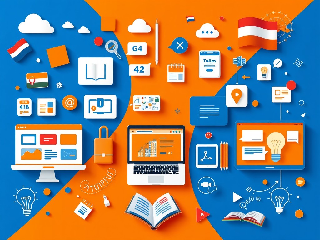 A collage of online writing resources for Dutch language learners, featuring interactive lessons, specialized courses in cities like The Hague, Amsterdam, and Utrecht, and illustrations of one-on-one tutoring sessions, embodying user engagement and educational support.