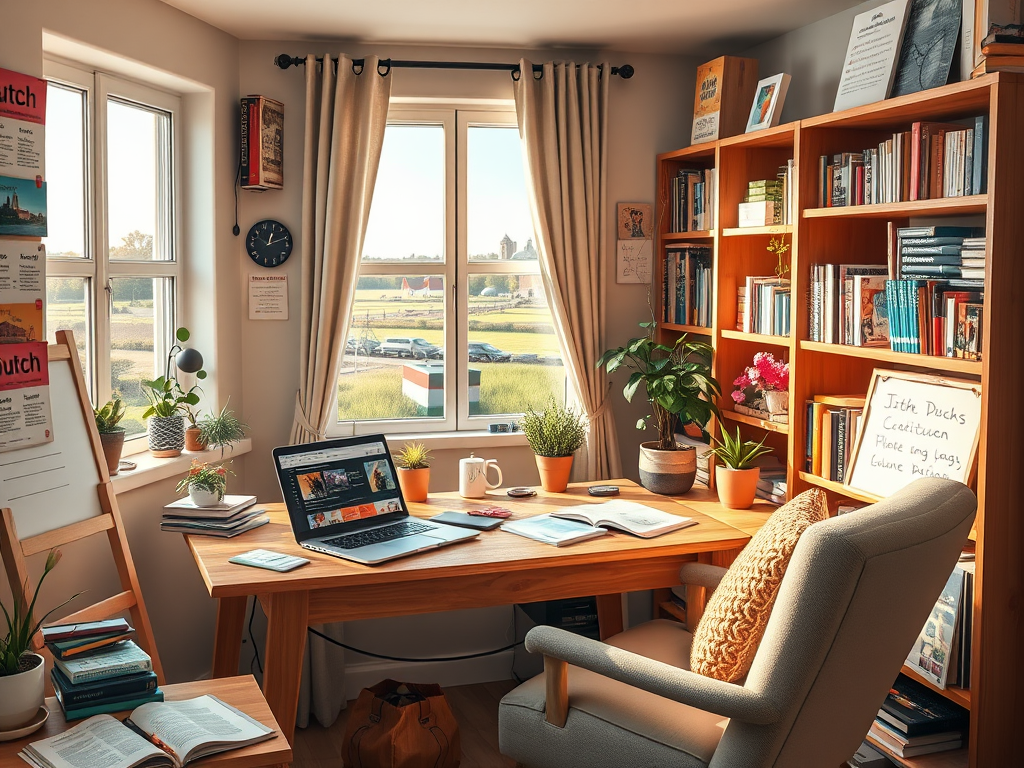 A student effectively learning Dutch online, featuring a laptop with language learning apps like Language Learn Online, a study schedule on a planner, and various online resources. Key elements include SMART goals, consistent study habits, and community interaction for practicing conversation and cultural understanding.