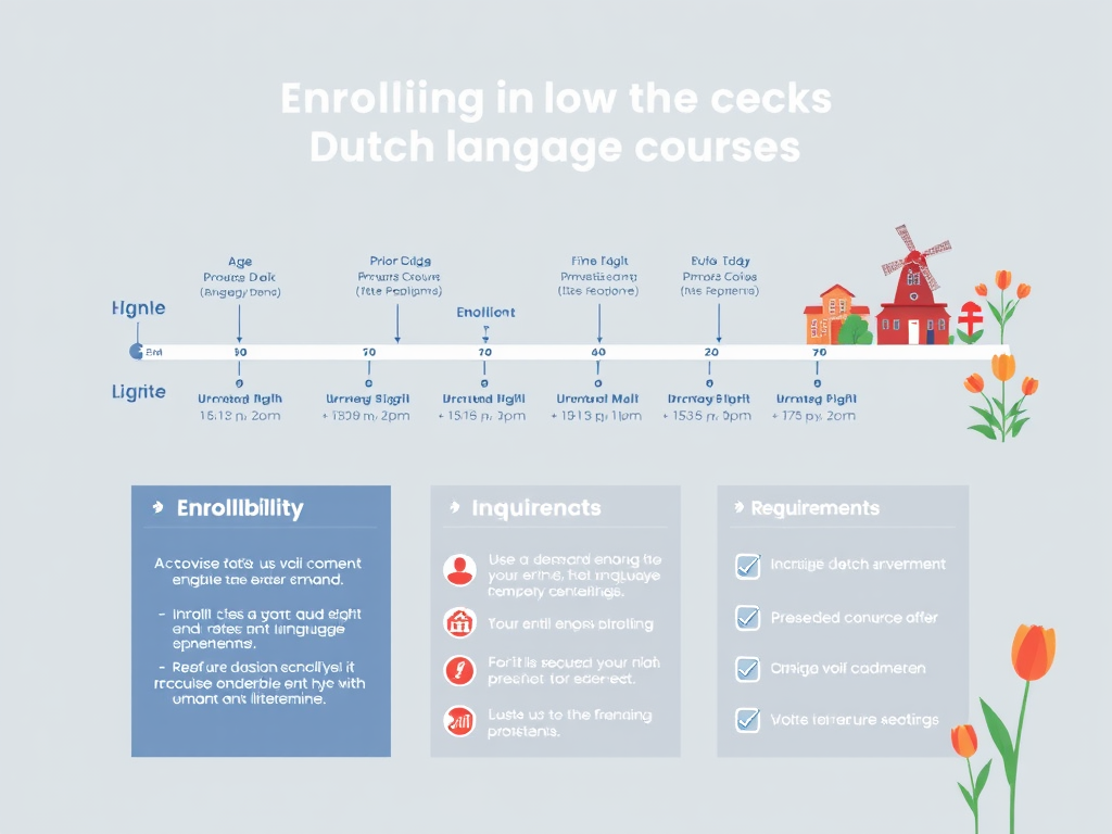 A comprehensive infographic illustrating the enrollment timeline for Dutch language courses, highlighting key dates for enrollment periods, eligibility criteria such as prior knowledge and residency status, and course requirements including attendance and participation expectations. Ideal for potential students looking to enroll in programs offered by Language Learn Online in various Dutch cities like The Hague, Amsterdam, and Utrecht.