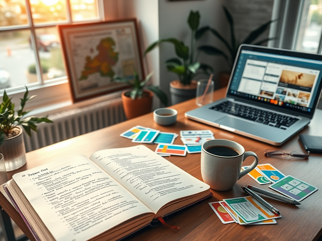 A student engaged in online learning with resources from Language Learn Online, studying for a Dutch language test, highlighting vital study strategies, interaction with native speakers, and the importance of formal assessments at recognized language institutes.