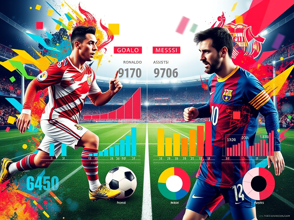 A detailed statistical comparison of club goals and assists between Cristiano Ronaldo and Lionel Messi, showcasing total goals scored, assists provided, and seasonal performance breakdowns. The chart highlights Ronaldo's 775 goals and 320 assists versus Messi's 738 goals and 219 assists, emphasizing their rivalry and contributions in club football.