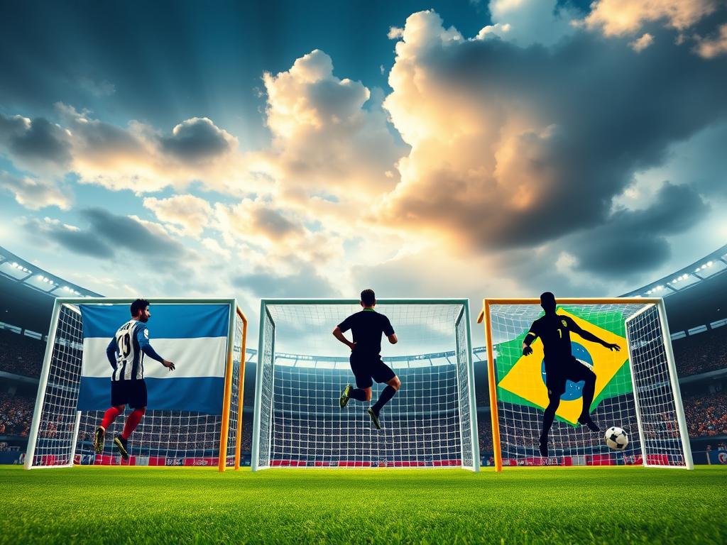 A vibrant illustration depicting the intense rivalry among football fans debating Messi, Ronaldo, and Pelé as the greatest of all time (GOAT). The scene captures diverse supporters passionately discussing stats and achievements, fueled by social media interactions. Background elements include iconic football imagery and social media symbols, representing the cultural phenomenon surrounding the GOAT debate.