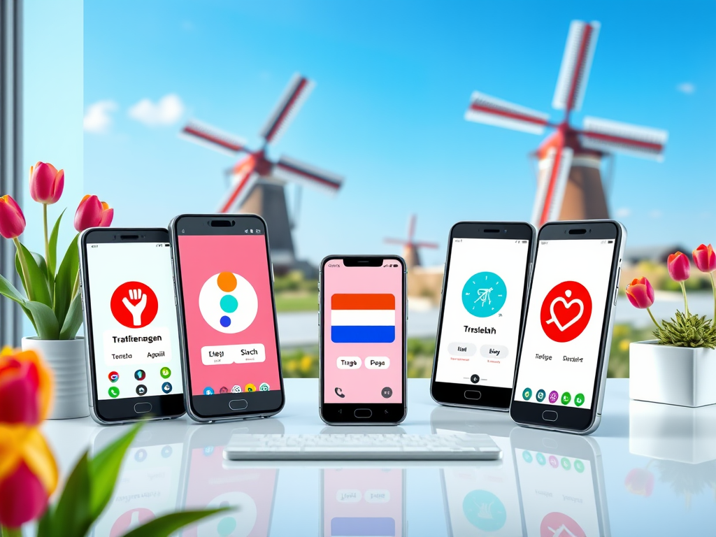 An informative overview of popular Dutch translation apps, showcasing interfaces and features. Includes apps like Dutch-English Translator, English Dutch Voice & Text Free Translator, and AI-Powered Dutch Translation App. Highlights functionality such as text translation, voice recognition, offline capabilities, and user reviews for optimal app selection.