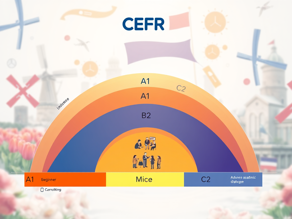 A detailed infographic illustrating the Common European Framework of Reference (CEFR) levels for Dutch language proficiency, featuring the six levels: A1 (beginner), A2 (elementary), B1 (intermediate), B2 (upper-intermediate), C1 (advanced), and C2 (mastery). Each level is visually represented, along with brief descriptions of skills associated with each proficiency stage. The design includes logos of various Dutch language courses available in cities like The Hague, Amsterdam, Eindhoven, and more.