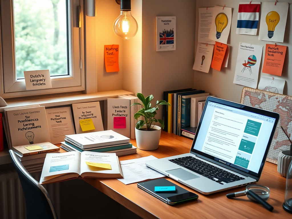 Visual infographic summarizing frequently asked questions about Dutch proficiency tests, including their purpose, duration, and retake policies, highlighting information from various language learning institutions such as The Hague, Amsterdam, Breda, Utrecht, Groningen, Leiden, Rotterdam, and Eindhoven.